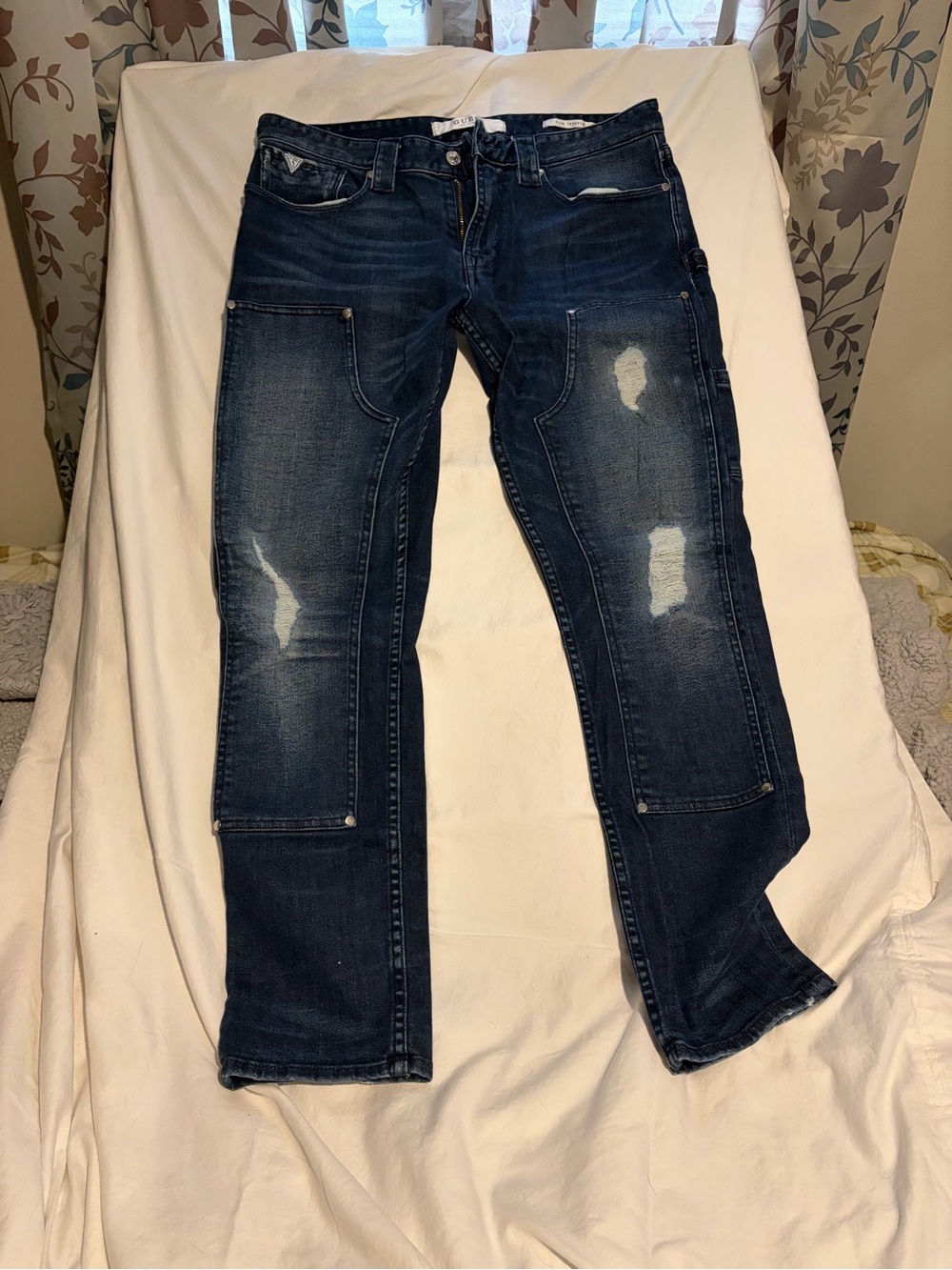 Guess Men's Dark Blue Distressed Relaxed Jeans